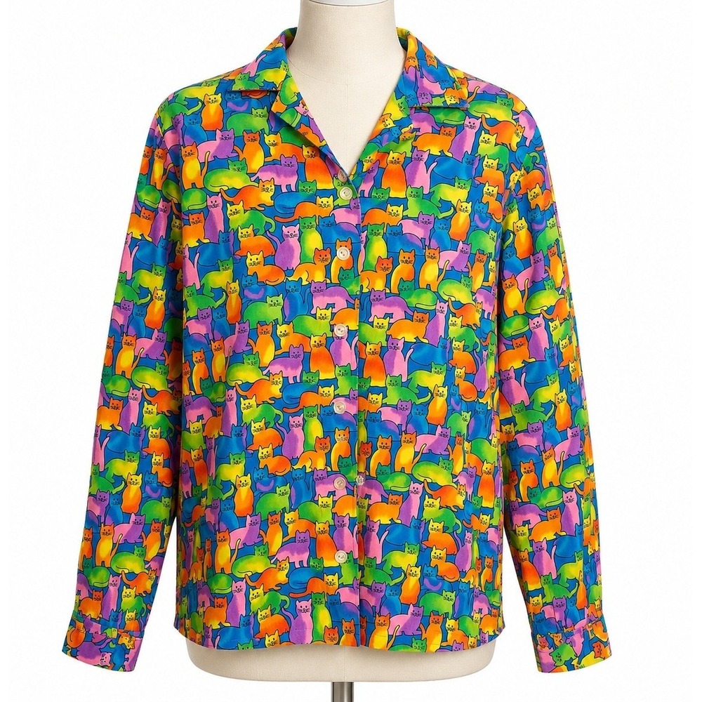 Handmade 100% Cotton Medium Psychedelic Cat Button Up Shirt Trippy Groovy